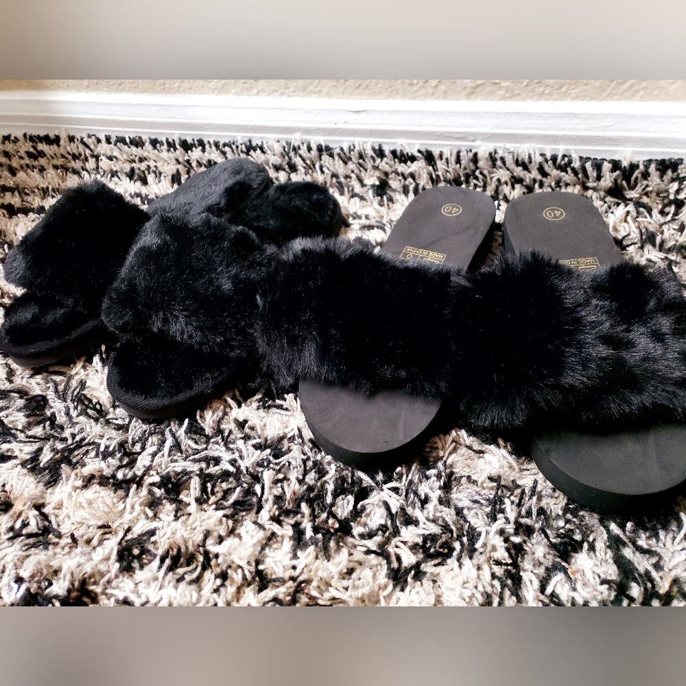 Bundle Black fuzzy slippers sandals shoes 2 pair